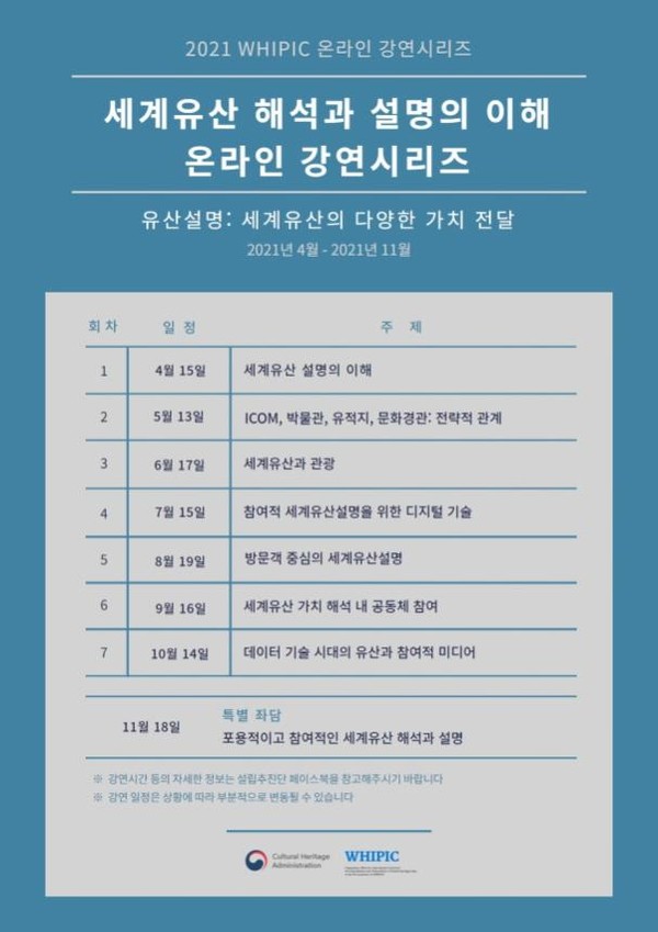사진='2021 세계유산 해석과 설명의 이해 온라인 강연 시리즈' 안내 포스터. 문화재청 제공