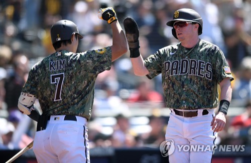 크로넨워스와 하이 파이브 하는 김하성(왼쪽)[USA투데이스포츠/로이터=연합뉴스]