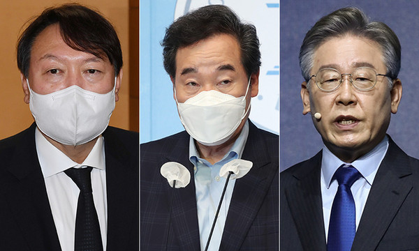 왼쪽부터 윤석열 전 검찰총장, 더불어민주당 이낙연 전 대표, 이재명 경기지사. 사진=연합뉴스