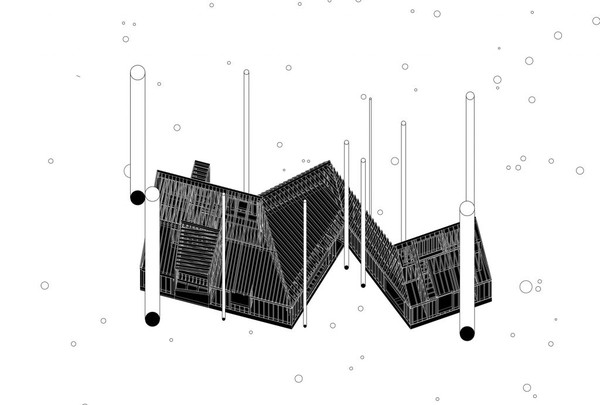 타호 에어비엔비 캐빈(Tahoe AirBnB Cabin)의 배치. 나무(원기둥으로 표현됨)를 베어내지 않고 유지시킴으로서 독특한 형태의 건물 배치 디자인을 볼 수 있다./사진=중원건축사사무소 홈페이지