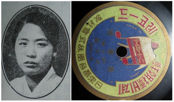 [사진 = 박월정(왼쪽) 서도 명창과 1925년 녹음한 박월정의 춘향가 ‘몽중가’ 음반( 일동 레코드)/ 경서도소리포럼 제공]
