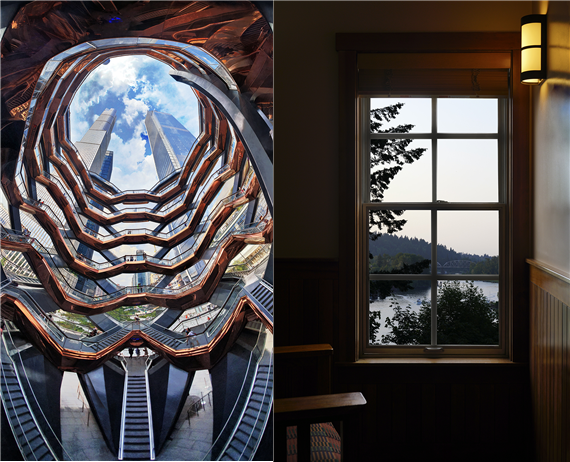 (왼쪽부터) 임상빈 작가의 'Vessel, the Hudson Yards 4'와 임창민 작가의 'into a time frame Foothills park lake' (사진 = 소울아트스페이스 제공)