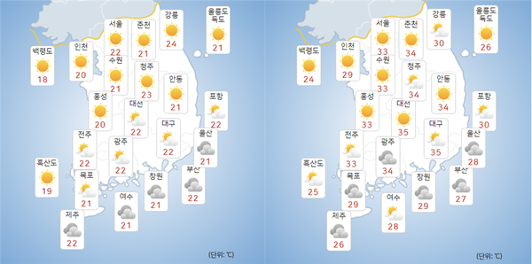 21일 화요일 전국날씨/사진=기상청날씨누리 제공