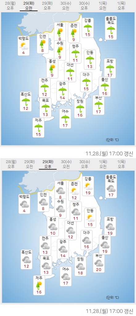 [내일날씨] 전국 많은 비...그친 뒤 기온 내려가 강한 추위[사진=기상청 제공]