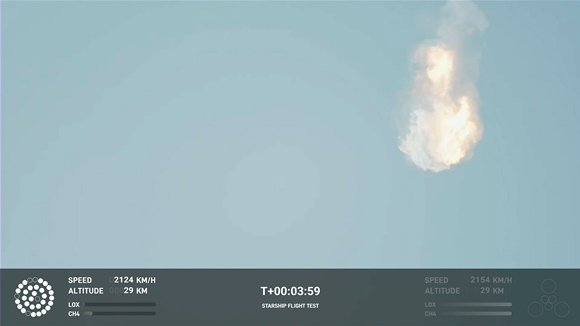 사진 = 이번에 시험발사한 스타십 발사 시스템의 실시간 중계 영상. 발사 후 4분도 되지 않아 자폭으로 시험이 끝났다 / SpaceX / 연합뉴스