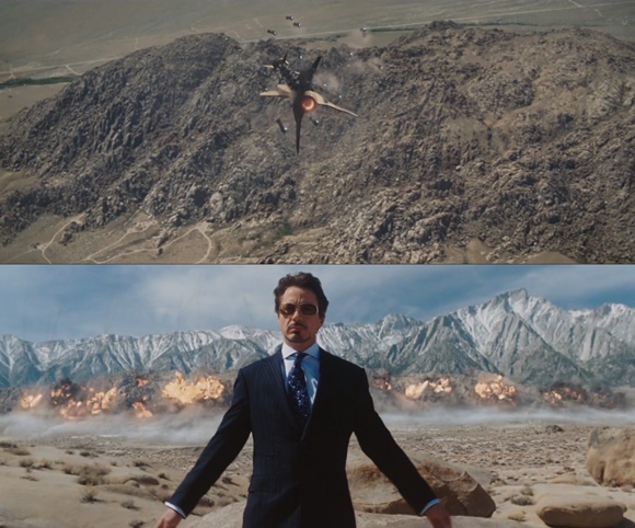 사진 = 영화 '아이언맨'에 등장하는 제리코 미사일. 모탄에서 여러 개의 자탄이 빠져나와 넓은 지역에 폭격을 가하는 제리코 미사일은 집속탄에 해당한다 / Wavve '아이언맨' 中