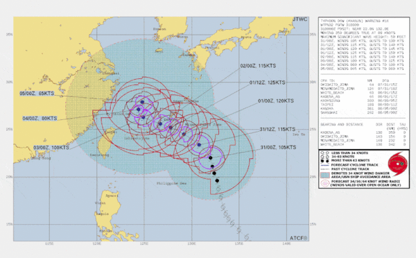 7월 31일 정오 발표한 카눈 예상 경로 / 사진 = JTWC 홈페이지 