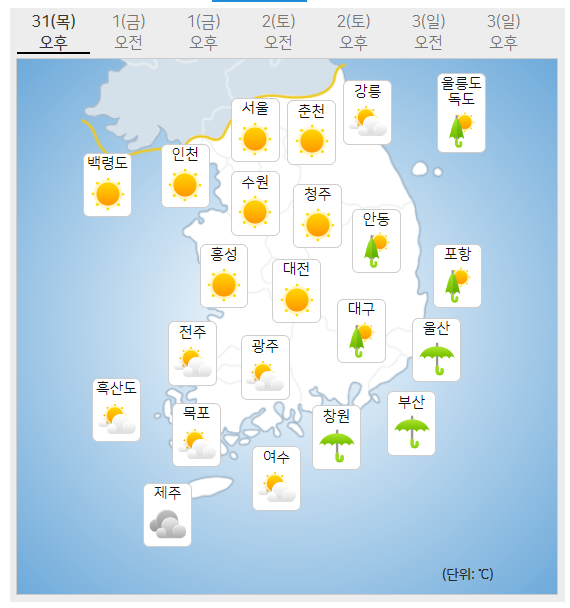 [내일날씨] 전국 구름 많고 흐림...낮 최고기온 26~31도 / 사진=기상청 제공