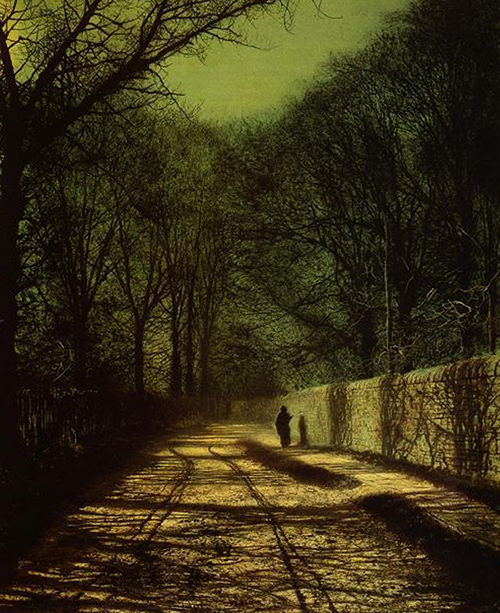 ‘담벽(壁) 길에 떨어진 나무 그림자(Tree Shadows on the Wall)’  존 앳킨슨 그림쇼(John Atkinson Grimshaw) 1872. / 겨울로 향하는 길손이 보이는 쓸쓸한 이 작품은 '브람스 교향곡 제4번'의 이미지와 놀랍도록 비슷하다.