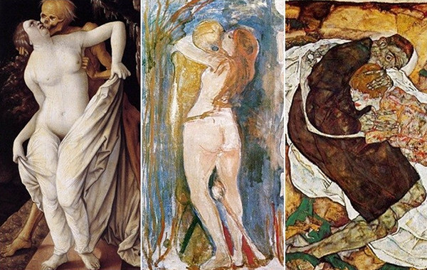 '죽음과 소녀' (왼쪽부터) 한스 발둥 그린(Hans Baldung Grien, 1517년 작), 에드바르트 뭉크(Edvard Munch, 1893년 작), 에곤 쉴레(Egon Schiele, 1915년 작)’ [출처:채널 예스] (좌) 16세기 초엽 독일에서 활약한 화가 ‘한스 발둥 그린(Hans Baldung Grien, 1484~1545)’의 '죽음과 소녀'라는 그림. 거의 알몸의 소녀를 해골 모양의 나신(裸身)이 뒤에서 꽉 붙잡고 있다. 소녀는 완전히 공포에 질린 모습이다. (중) 이 '죽음과 소녀'라는 모티브가 19세기에 이르게 되면 완전히 반전된 형태로 나타난다. 노르웨이의 국민화가인 ‘에드바르트 뭉크(Edvard Munch, 1863~1944)’가 1893년에 그린 '죽음과 소녀'를 보면 이 그림의 소녀는 아주 다른 태도를 보여주고 있다. 벌거벗은 소녀가 ‘죽음’을 꼭 끌어안은 채 살짝 열린 소녀의 입술이 사신(死神)에게 키스해 달라고 애원하는 듯하다. (右) 비슷한 풍의 그림은 20년 뒤쯤에 또 등장한다. 오스트리아 출신의 표현주의 화가 ‘에곤 쉴레(Egon Schiele, 1890~1918)’가 슈베르트의 '죽음과 소녀'를 듣고 영감을 얻어 그린 동명의 작품이다. 이번에도 역시 마찬가지이다. 소녀는 필사적으로 죽음을 포옹하고 있다. 이렇듯 ‘죽음’과 ‘소녀’는 동떨어진 것처럼 보이는 두 개의 표상이다.