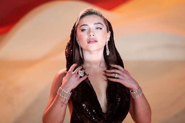 British actress Florence Pugh poses on the red carpet upon arrival for the World premiere of the film "Dune: Part Two" in Leicester Square, central London, on February 15, 2024. (Photo by Daniel LEAL / AFP)