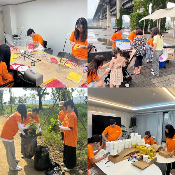 bhc 대학생 8기 봉사단원들이 △어린이 안전우산 제작 및 전달 △피서지 제로웨이스트 캠페인 진행 △장마철 생태교란식물 제거 및 산책로 정화 활동 △쪽방촌 주민 생활용품 지원 등 다양한 봉사 활동에 참여했다. /사진제공=다이닝브랜즈그룹