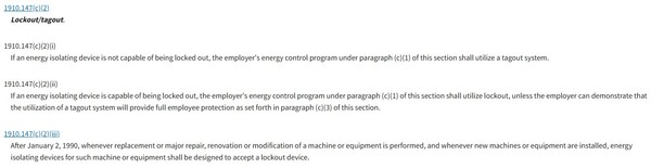 '락아웃/태그아웃' 절차에 관련된 기준 자료. / 사진=미국 연방산업안전보건청