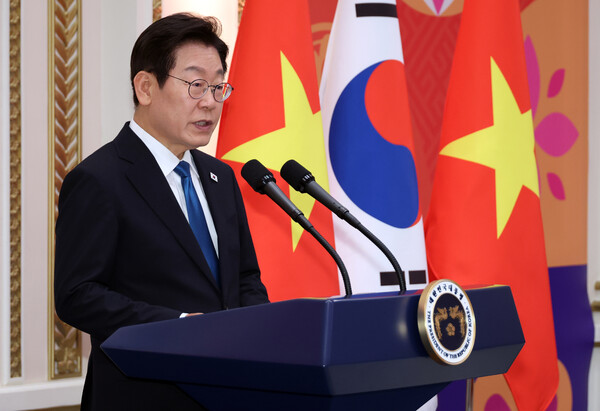 이재명 대통령이 11일 청와대 영빈관에서 열린 한·베트남 공식 만찬에서 발언하고 있다. 2025.8.11