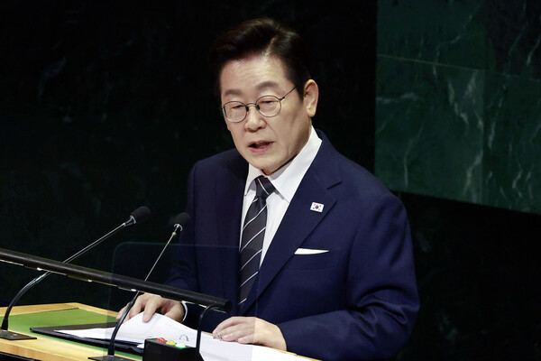 이재명 대통령이 23일(현지시간) 미국 뉴욕 유엔본부 총회장에서 기조연설을 하고 있다. / 사진=연합뉴스