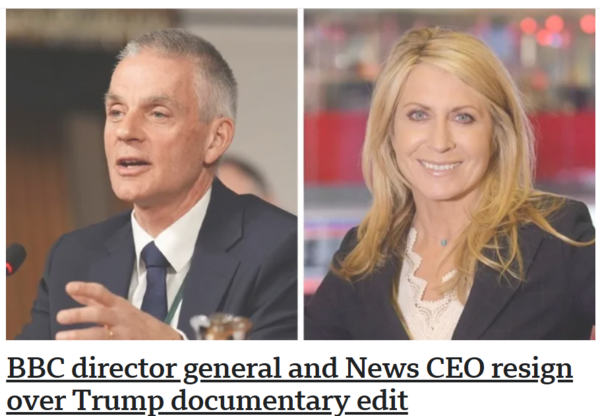 9일(현지시간) 동반 사퇴한 팀 데이비 BBC 사장과 데보라 터너스 뉴스보도 책임자. BBC 캡처