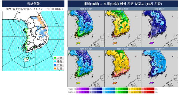 [내일 날씨] 찬 대륙고기압 영향 전국 영하권…강풍 최고 90km/h, 강원영동 건조특보 / 사진=기상청