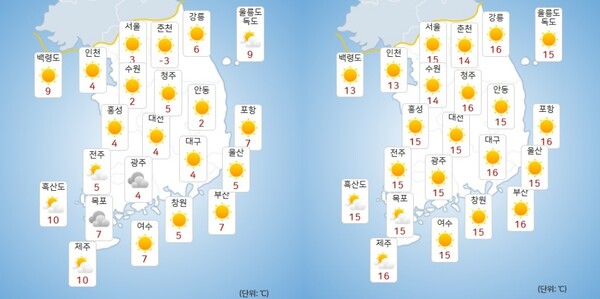 11월 22일(토) 강원·제주 포함 전국 오전(왼쪽) 및 오후(오른쪽) 날씨 예보 / 사진=기상청