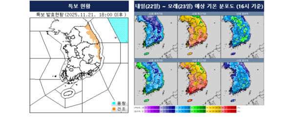 [내일 날씨] 강원·경북 동해안 55km/h 강풍에 대기 매우 건조…22일 아침 -3도~7도, 큰 일교차 주의 / 사진=기상청