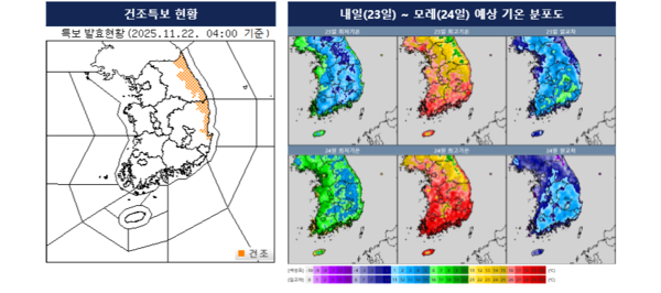 [오늘 날씨] 강원·경북동해안 대기 건조…내륙 일교차 15도 안팎, 24일 전국 일부 1mm 비 / 사진=기상청